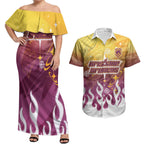 Personalized Brisbane Broncos Couples Matching Off Shoulder Maxi Dress and Hawaiian Shirt Y2K Grunge Aesthetic With Cyber Flames and Starburst Graphics