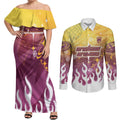 Personalized Brisbane Broncos Couples Matching Off Shoulder Maxi Dress and Long Sleeve Button Shirt Y2K Grunge Aesthetic With Cyber Flames and Starburst Graphics