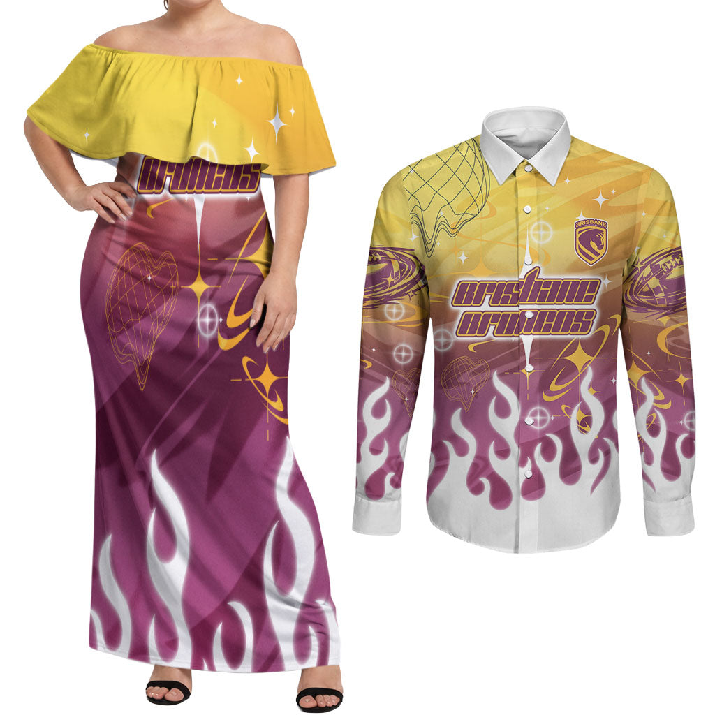 Personalized Brisbane Broncos Couples Matching Off Shoulder Maxi Dress and Long Sleeve Button Shirt Y2K Grunge Aesthetic With Cyber Flames and Starburst Graphics