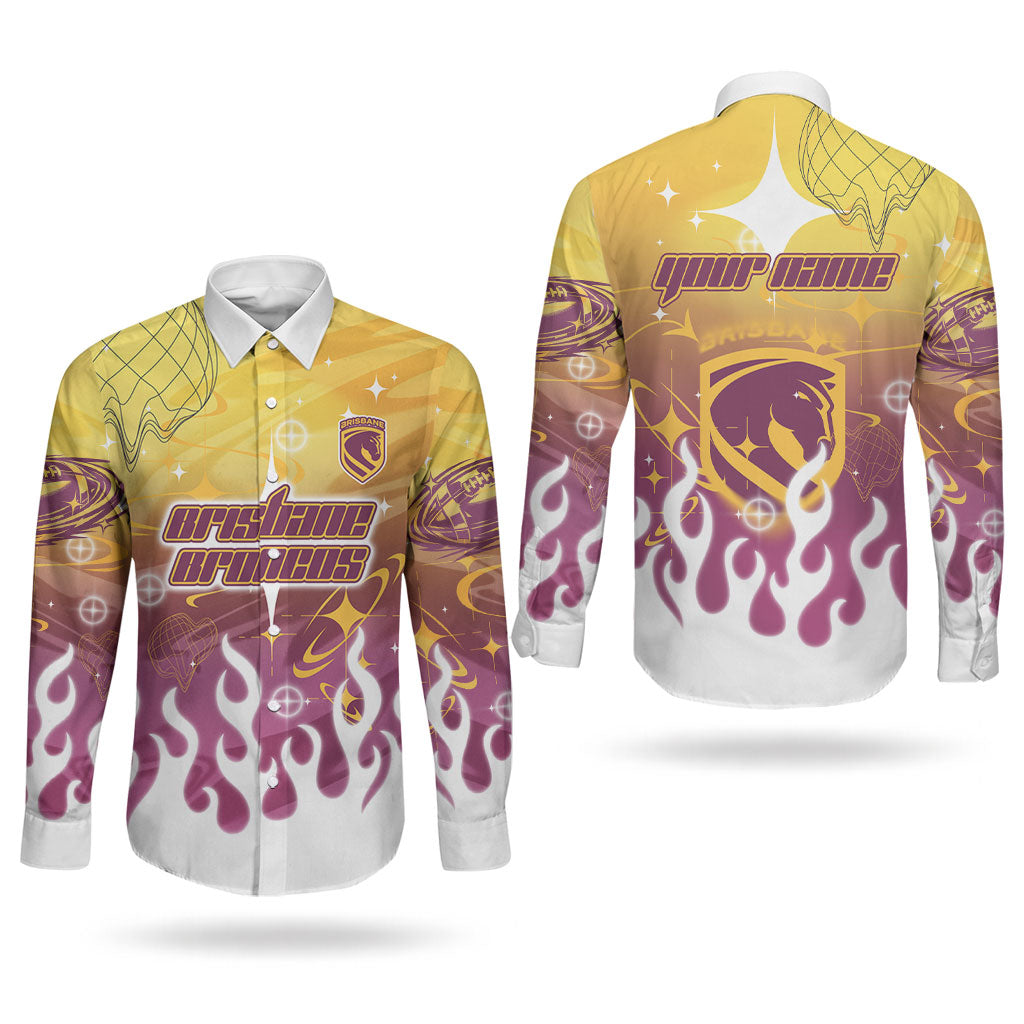 Personalized Brisbane Broncos Couples Matching Off Shoulder Maxi Dress and Long Sleeve Button Shirt Y2K Grunge Aesthetic With Cyber Flames and Starburst Graphics