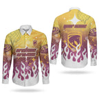 Personalized Brisbane Broncos Couples Matching Off Shoulder Maxi Dress and Long Sleeve Button Shirt Y2K Grunge Aesthetic With Cyber Flames and Starburst Graphics
