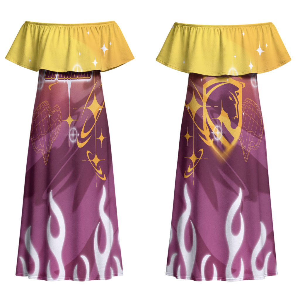 Personalized Brisbane Broncos Couples Matching Off Shoulder Maxi Dress and Long Sleeve Button Shirt Y2K Grunge Aesthetic With Cyber Flames and Starburst Graphics