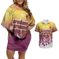 Personalized Brisbane Broncos Couples Matching Off Shoulder Short Dress and Hawaiian Shirt Y2K Grunge Aesthetic With Cyber Flames and Starburst Graphics