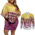 Personalized Brisbane Broncos Couples Matching Off Shoulder Short Dress and Long Sleeve Button Shirt Y2K Grunge Aesthetic With Cyber Flames and Starburst Graphics
