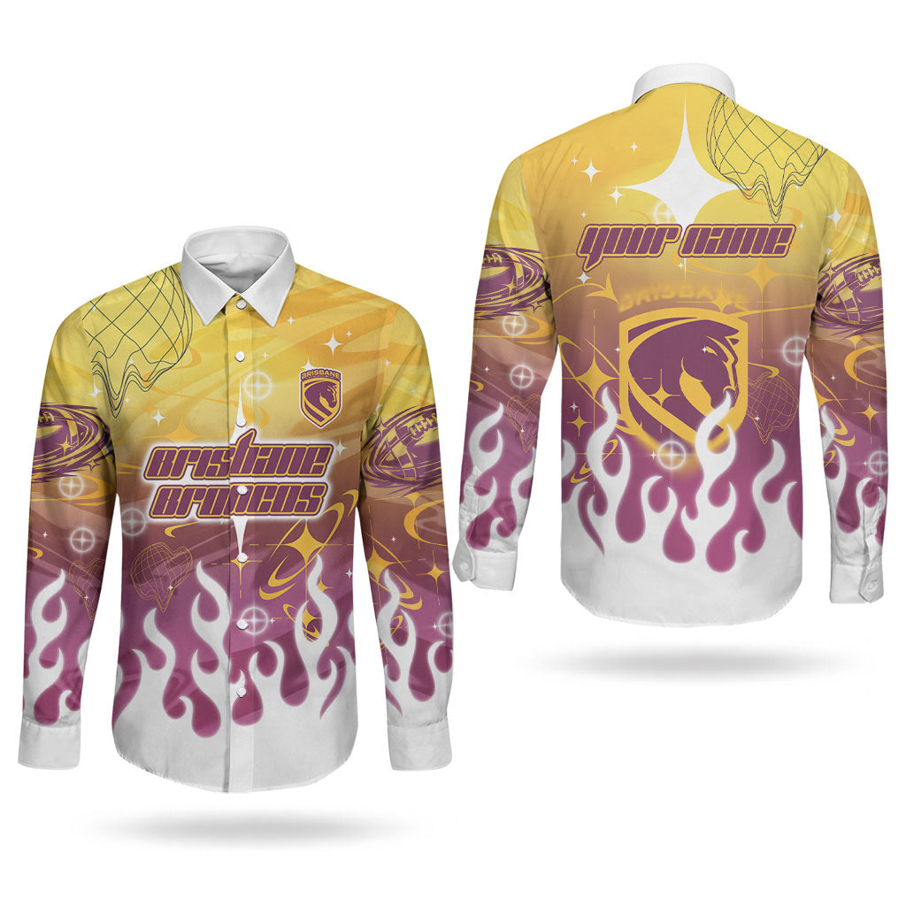 Personalized Brisbane Broncos Couples Matching Off Shoulder Short Dress and Long Sleeve Button Shirt Y2K Grunge Aesthetic With Cyber Flames and Starburst Graphics