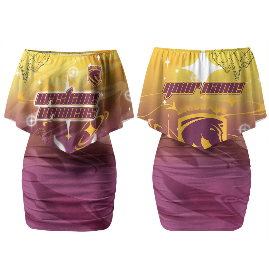 Personalized Brisbane Broncos Couples Matching Off Shoulder Short Dress and Long Sleeve Button Shirt Y2K Grunge Aesthetic With Cyber Flames and Starburst Graphics