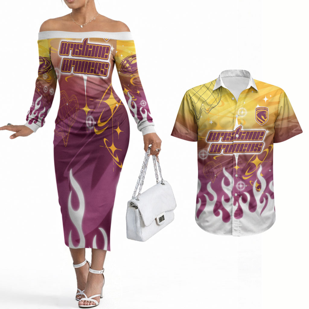Personalized Brisbane Broncos Couples Matching Off The Shoulder Long Sleeve Dress and Hawaiian Shirt Y2K Grunge Aesthetic With Cyber Flames and Starburst Graphics