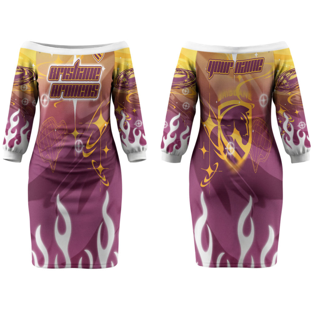Personalized Brisbane Broncos Couples Matching Off The Shoulder Long Sleeve Dress and Hawaiian Shirt Y2K Grunge Aesthetic With Cyber Flames and Starburst Graphics