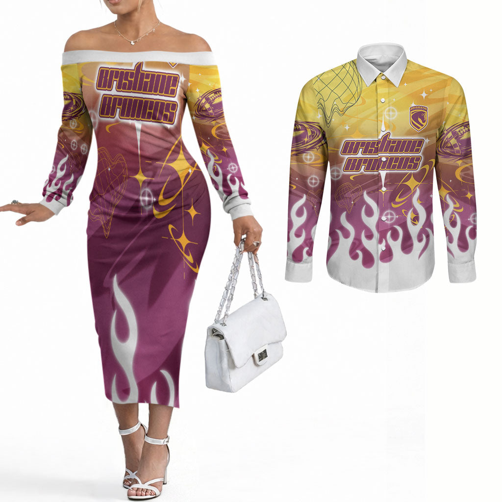 Personalized Brisbane Broncos Couples Matching Off The Shoulder Long Sleeve Dress and Long Sleeve Button Shirt Y2K Grunge Aesthetic With Cyber Flames and Starburst Graphics
