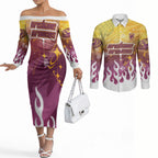 Personalized Brisbane Broncos Couples Matching Off The Shoulder Long Sleeve Dress and Long Sleeve Button Shirt Y2K Grunge Aesthetic With Cyber Flames and Starburst Graphics