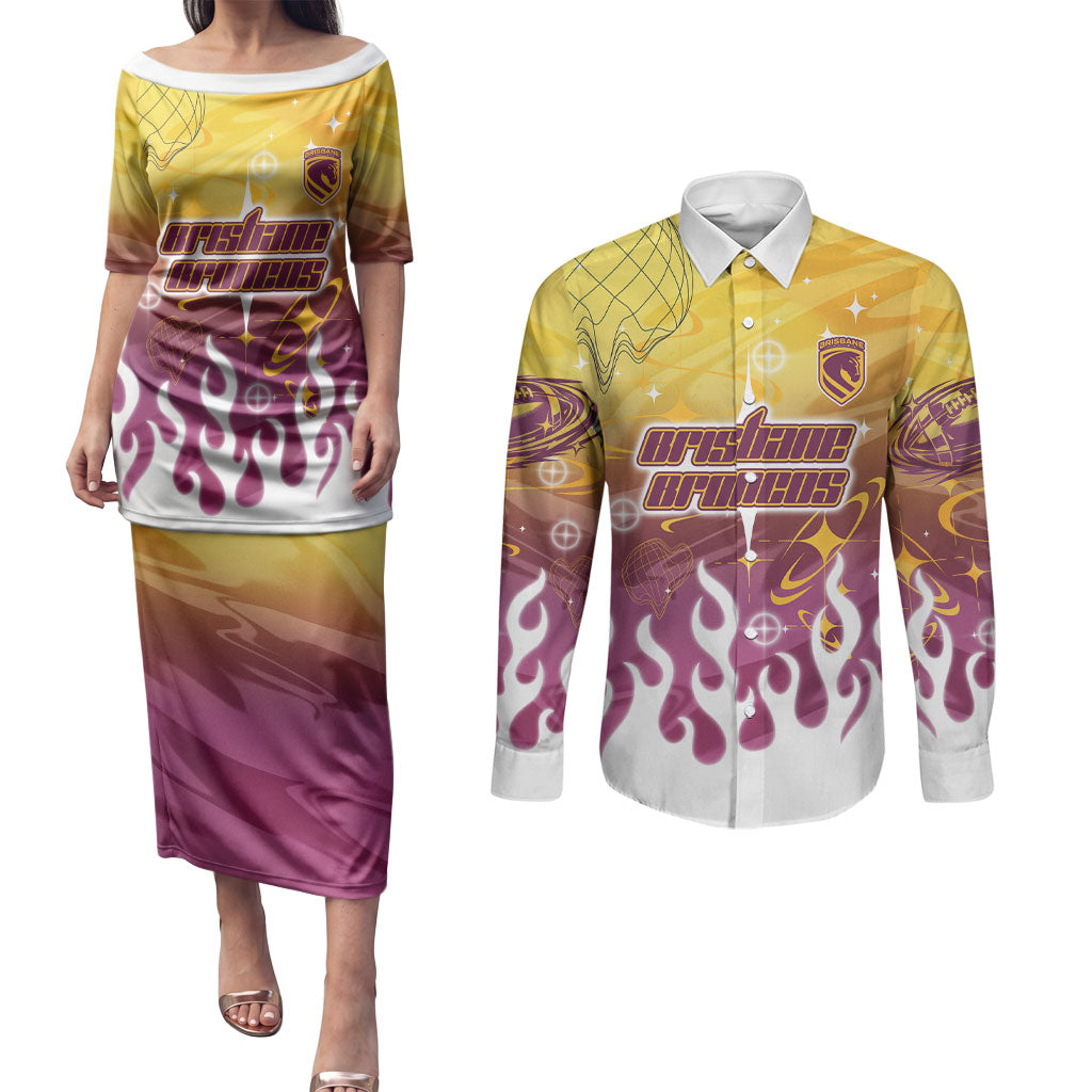 Personalized Brisbane Broncos Couples Matching Puletasi and Long Sleeve Button Shirt Y2K Grunge Aesthetic With Cyber Flames and Starburst Graphics