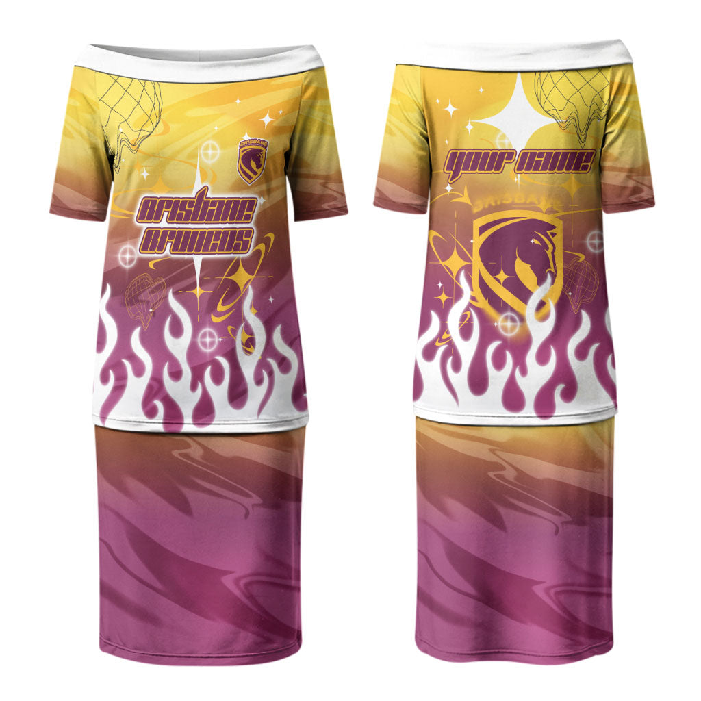 Personalized Brisbane Broncos Couples Matching Puletasi and Long Sleeve Button Shirt Y2K Grunge Aesthetic With Cyber Flames and Starburst Graphics