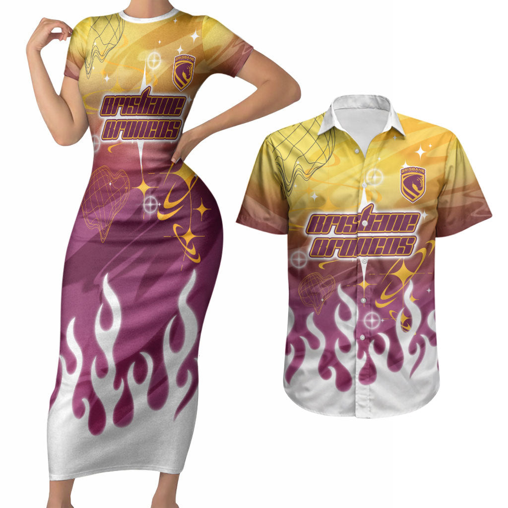 Personalized Brisbane Broncos Couples Matching Short Sleeve Bodycon Dress and Hawaiian Shirt Y2K Grunge Aesthetic With Cyber Flames and Starburst Graphics