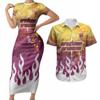 Personalized Brisbane Broncos Couples Matching Short Sleeve Bodycon Dress and Hawaiian Shirt Y2K Grunge Aesthetic With Cyber Flames and Starburst Graphics