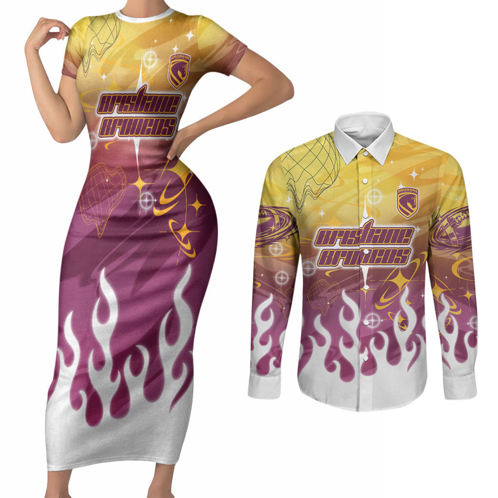 Personalized Brisbane Broncos Couples Matching Short Sleeve Bodycon Dress and Long Sleeve Button Shirt Y2K Grunge Aesthetic With Cyber Flames and Starburst Graphics