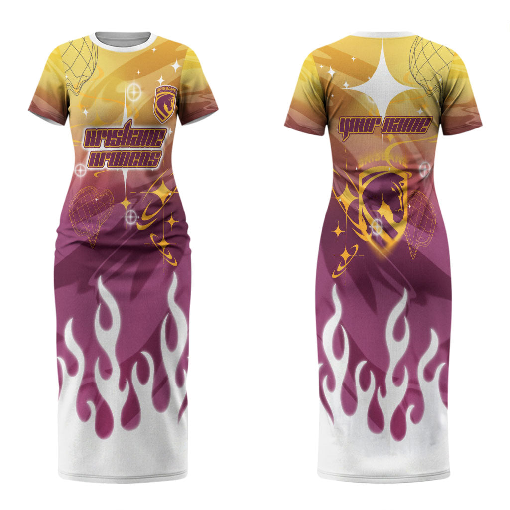 Personalized Brisbane Broncos Couples Matching Short Sleeve Bodycon Dress and Long Sleeve Button Shirt Y2K Grunge Aesthetic With Cyber Flames and Starburst Graphics