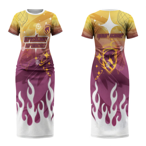 Personalized Brisbane Broncos Couples Matching Short Sleeve Bodycon Dress and Long Sleeve Button Shirt Y2K Grunge Aesthetic With Cyber Flames and Starburst Graphics