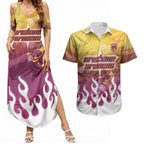 Personalized Brisbane Broncos Couples Matching Summer Maxi Dress and Hawaiian Shirt Y2K Grunge Aesthetic With Cyber Flames and Starburst Graphics