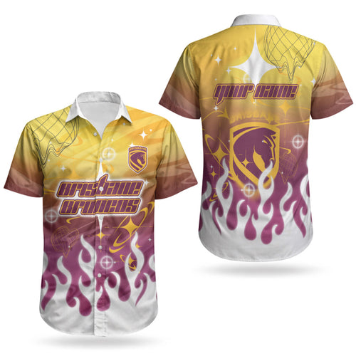 Personalized Brisbane Broncos Couples Matching Summer Maxi Dress and Hawaiian Shirt Y2K Grunge Aesthetic With Cyber Flames and Starburst Graphics