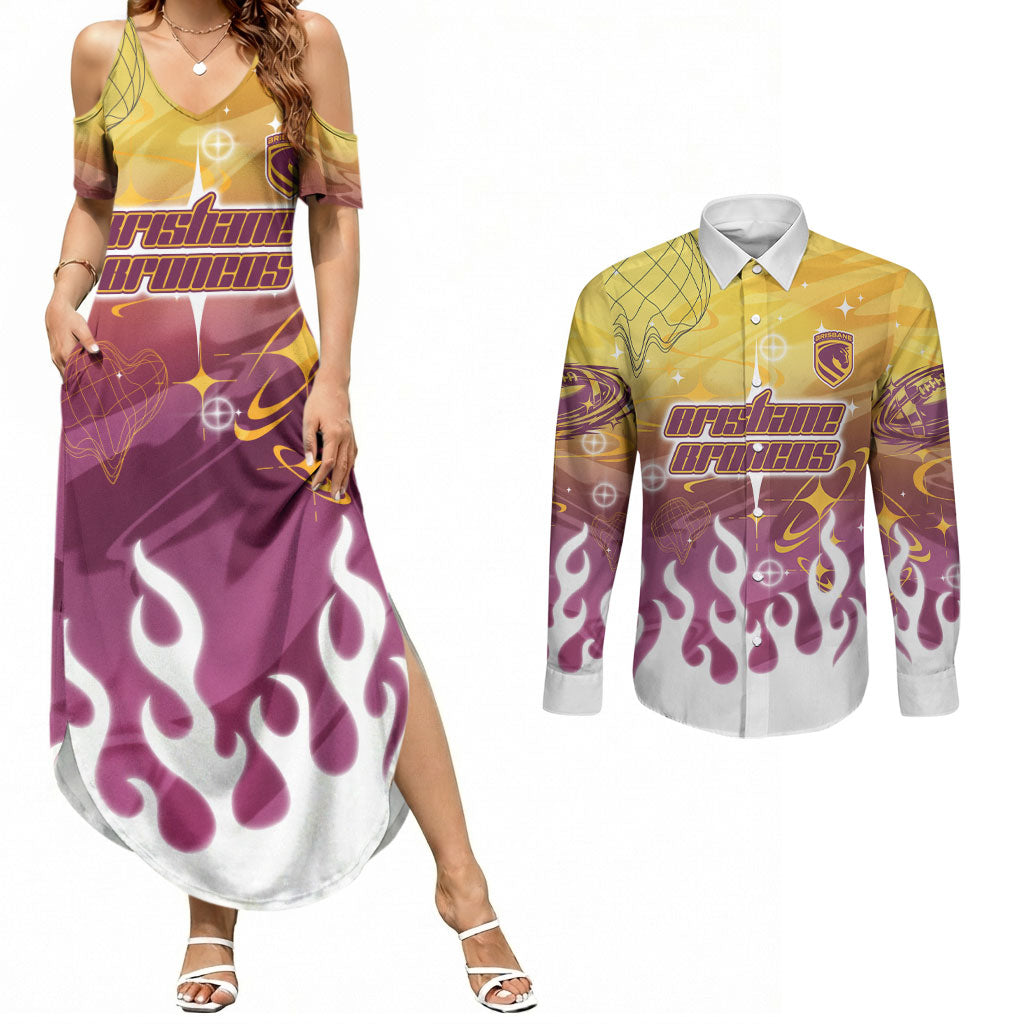 Personalized Brisbane Broncos Couples Matching Summer Maxi Dress and Long Sleeve Button Shirt Y2K Grunge Aesthetic With Cyber Flames and Starburst Graphics