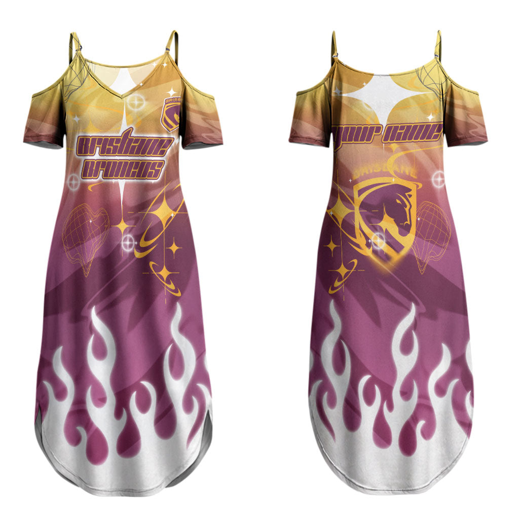 Personalized Brisbane Broncos Couples Matching Summer Maxi Dress and Long Sleeve Button Shirt Y2K Grunge Aesthetic With Cyber Flames and Starburst Graphics