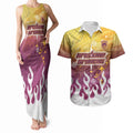 Personalized Brisbane Broncos Couples Matching Tank Maxi Dress and Hawaiian Shirt Y2K Grunge Aesthetic With Cyber Flames and Starburst Graphics