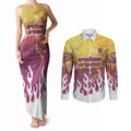 Personalized Brisbane Broncos Couples Matching Tank Maxi Dress and Long Sleeve Button Shirt Y2K Grunge Aesthetic With Cyber Flames and Starburst Graphics