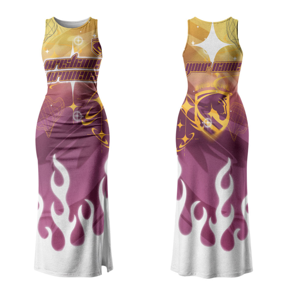Personalized Brisbane Broncos Couples Matching Tank Maxi Dress and Long Sleeve Button Shirt Y2K Grunge Aesthetic With Cyber Flames and Starburst Graphics