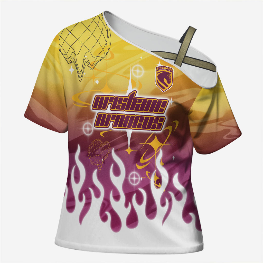 Personalized Brisbane Broncos Cross Shoulder Shirt Y2K Grunge Aesthetic With Cyber Flames and Starburst Graphics
