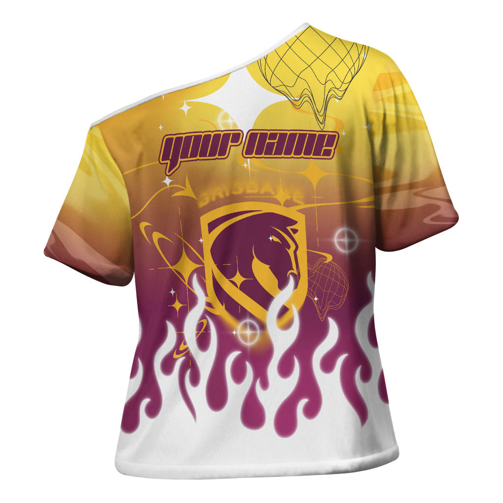 Personalized Brisbane Broncos Cross Shoulder Shirt Y2K Grunge Aesthetic With Cyber Flames and Starburst Graphics
