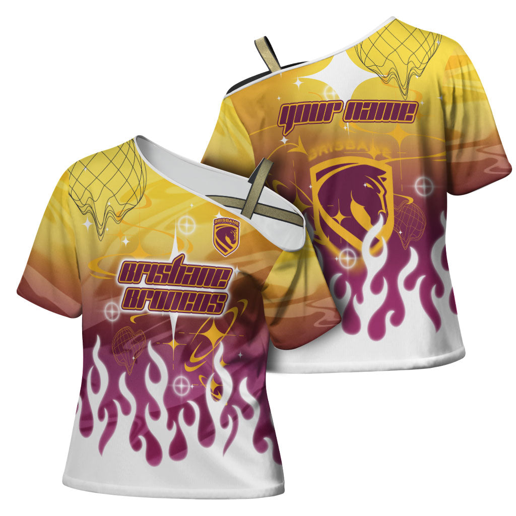 Personalized Brisbane Broncos Cross Shoulder Shirt Y2K Grunge Aesthetic With Cyber Flames and Starburst Graphics