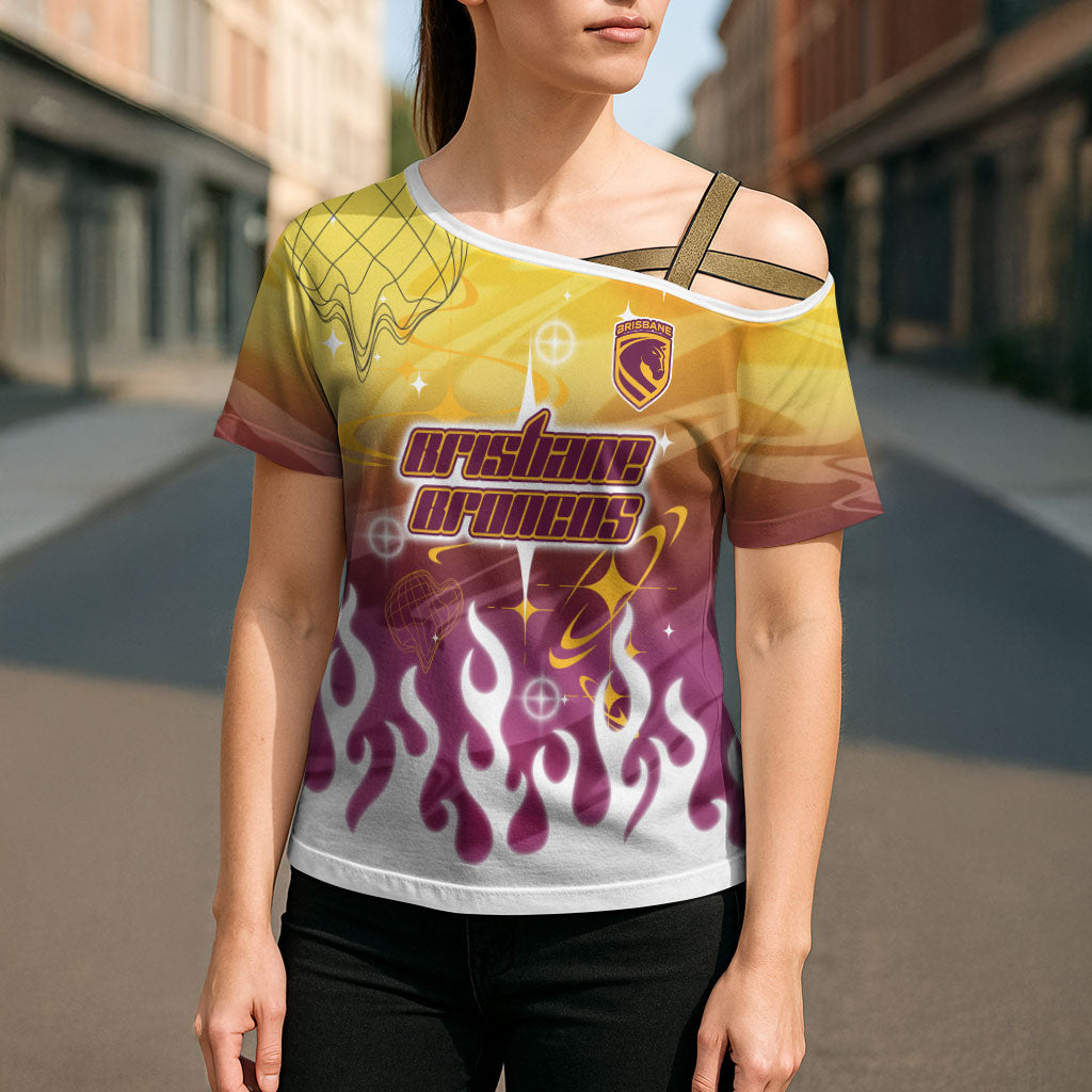 Personalized Brisbane Broncos Cross Shoulder Shirt Y2K Grunge Aesthetic With Cyber Flames and Starburst Graphics