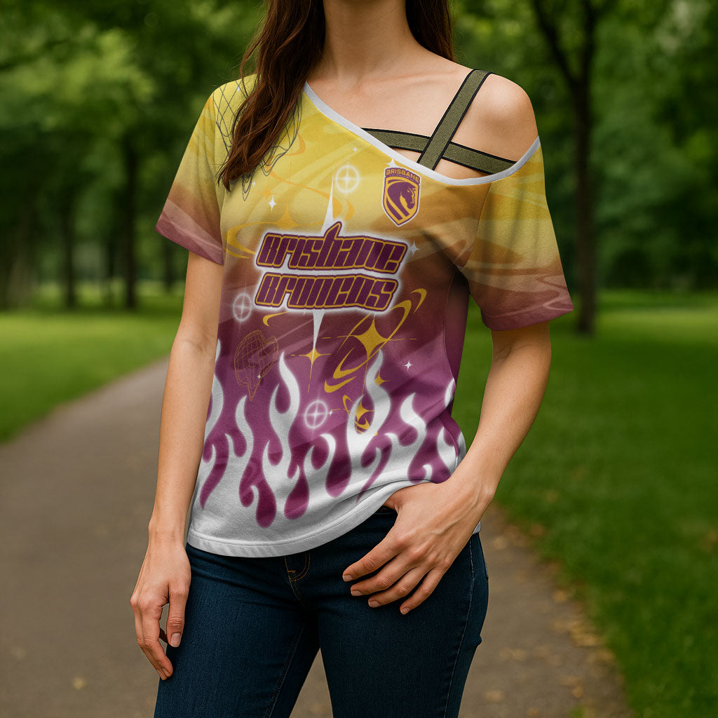 Personalized Brisbane Broncos Cross Shoulder Shirt Y2K Grunge Aesthetic With Cyber Flames and Starburst Graphics