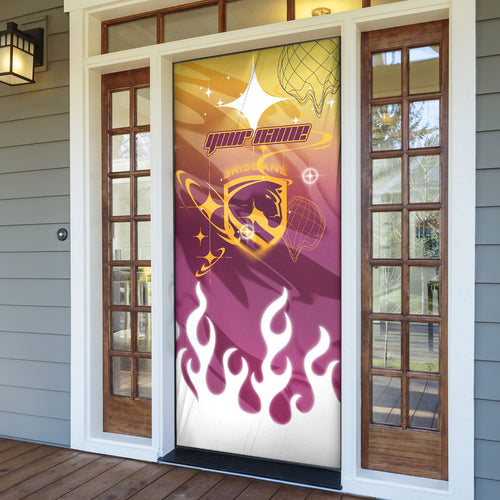 Personalized Brisbane Broncos Door Cover Y2K Grunge Aesthetic With Cyber Flames and Starburst Graphics