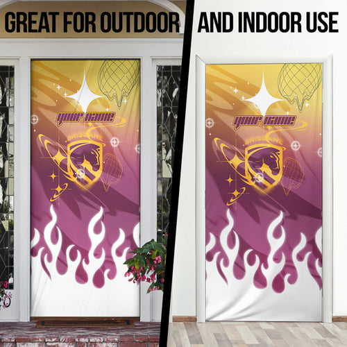 Personalized Brisbane Broncos Door Cover Y2K Grunge Aesthetic With Cyber Flames and Starburst Graphics