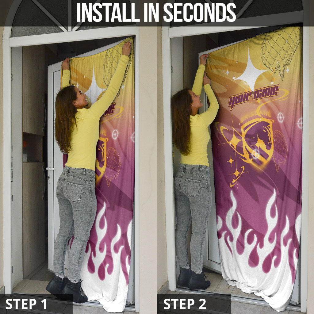 Personalized Brisbane Broncos Door Cover Y2K Grunge Aesthetic With Cyber Flames and Starburst Graphics