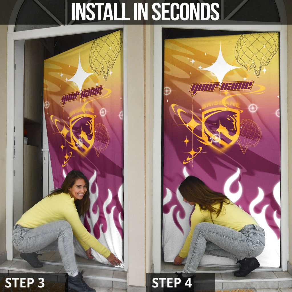 Personalized Brisbane Broncos Door Cover Y2K Grunge Aesthetic With Cyber Flames and Starburst Graphics