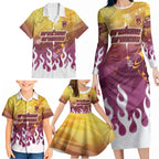 Personalized Brisbane Broncos Family Matching Long Sleeve Bodycon Dress and Hawaiian Shirt Y2K Grunge Aesthetic With Cyber Flames and Starburst Graphics