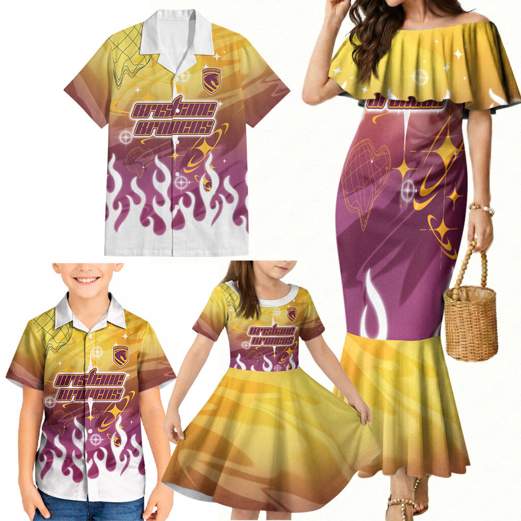 Personalized Brisbane Broncos Family Matching Mermaid Dress and Hawaiian Shirt Y2K Grunge Aesthetic With Cyber Flames and Starburst Graphics