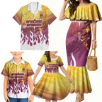 Personalized Brisbane Broncos Family Matching Mermaid Dress and Hawaiian Shirt Y2K Grunge Aesthetic With Cyber Flames and Starburst Graphics