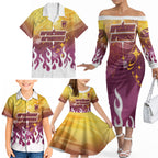 Personalized Brisbane Broncos Family Matching Off The Shoulder Long Sleeve Dress and Hawaiian Shirt Y2K Grunge Aesthetic With Cyber Flames and Starburst Graphics