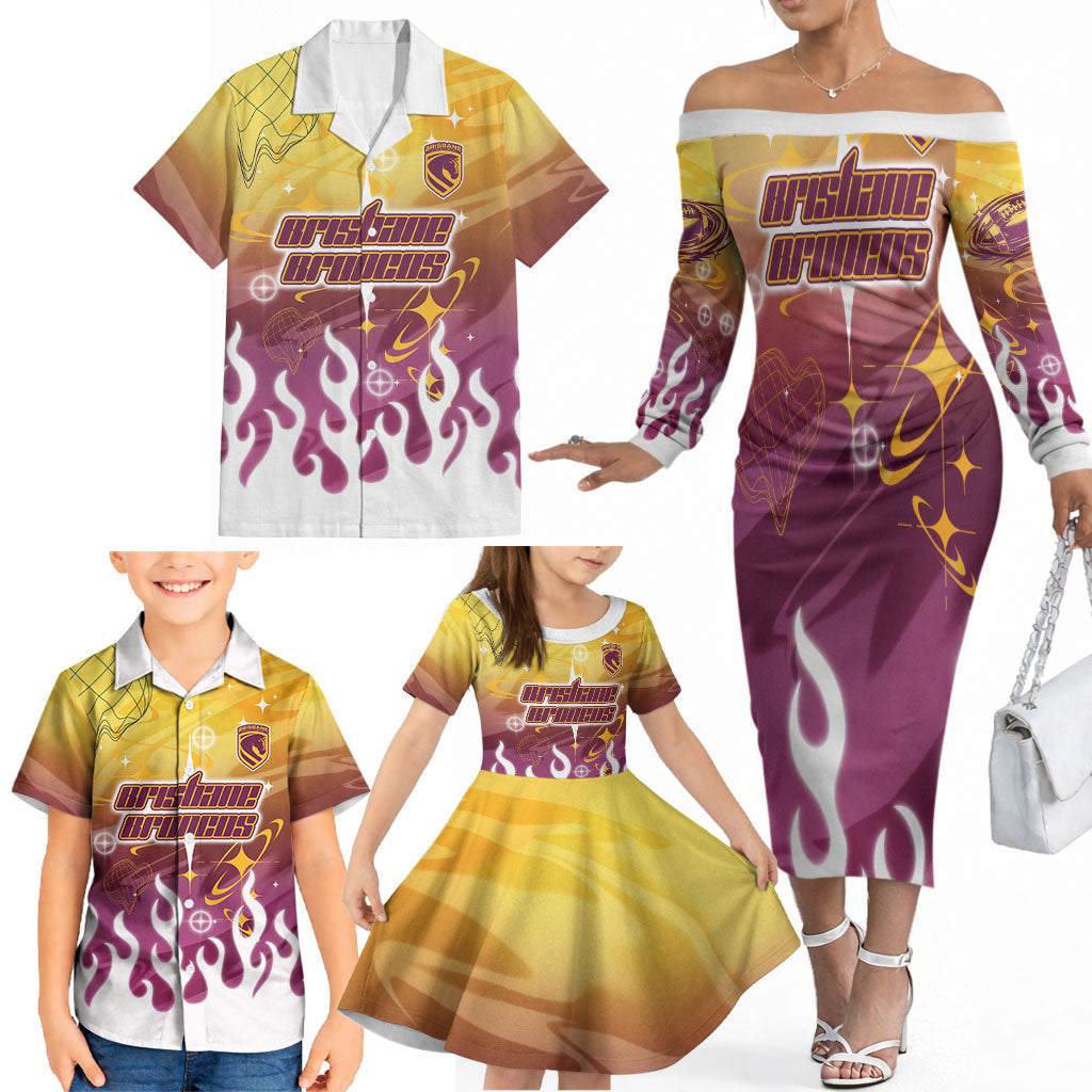 Personalized Brisbane Broncos Family Matching Off The Shoulder Long Sleeve Dress and Hawaiian Shirt Y2K Grunge Aesthetic With Cyber Flames and Starburst Graphics