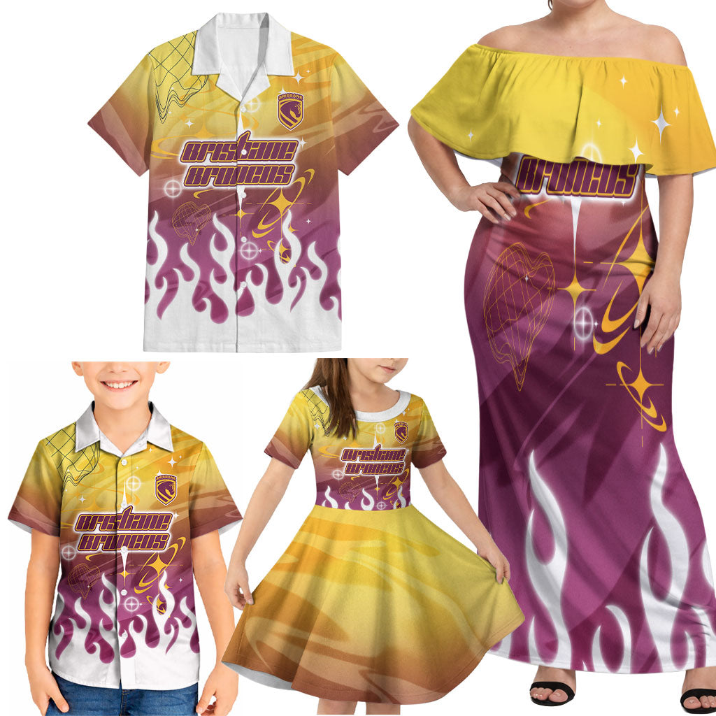 Personalized Brisbane Broncos Family Matching Off Shoulder Maxi Dress and Hawaiian Shirt Y2K Grunge Aesthetic With Cyber Flames and Starburst Graphics