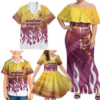 Personalized Brisbane Broncos Family Matching Off Shoulder Maxi Dress and Hawaiian Shirt Y2K Grunge Aesthetic With Cyber Flames and Starburst Graphics