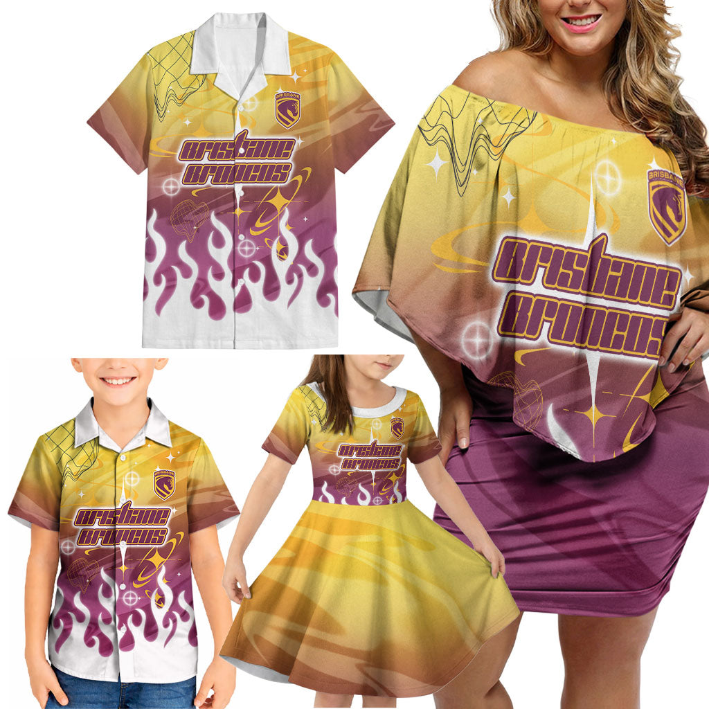 Personalized Brisbane Broncos Family Matching Off Shoulder Short Dress and Hawaiian Shirt Y2K Grunge Aesthetic With Cyber Flames and Starburst Graphics