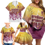 Personalized Brisbane Broncos Family Matching Off Shoulder Short Dress and Hawaiian Shirt Y2K Grunge Aesthetic With Cyber Flames and Starburst Graphics