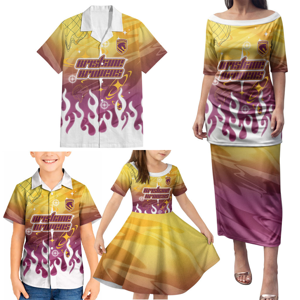 Personalized Brisbane Broncos Family Matching Puletasi and Hawaiian Shirt Y2K Grunge Aesthetic With Cyber Flames and Starburst Graphics