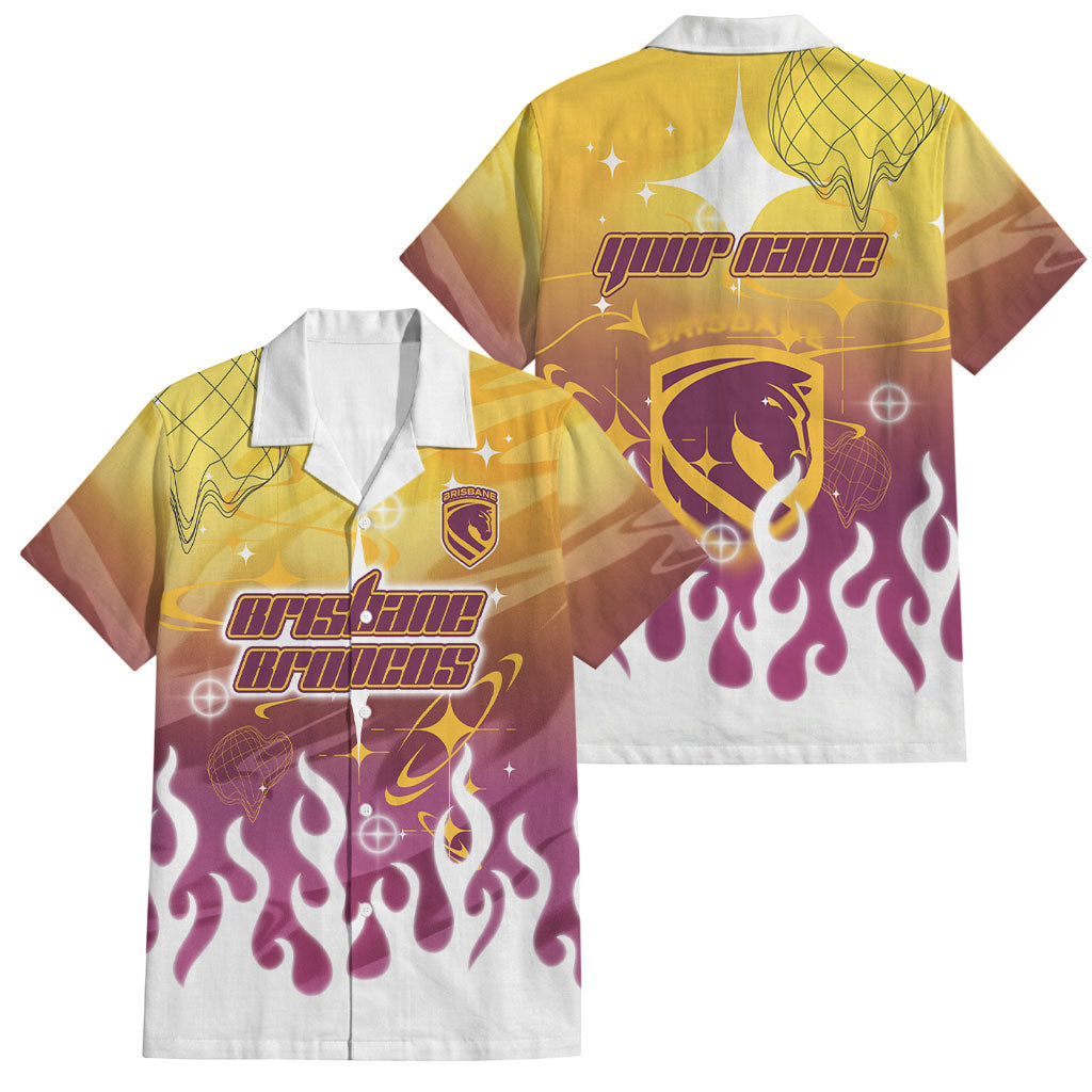 Personalized Brisbane Broncos Family Matching Puletasi and Hawaiian Shirt Y2K Grunge Aesthetic With Cyber Flames and Starburst Graphics