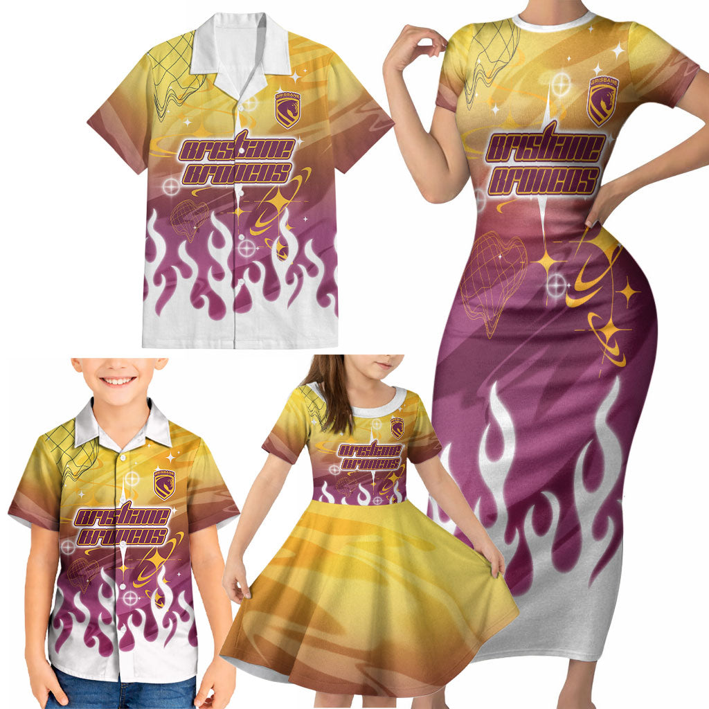 Personalized Brisbane Broncos Family Matching Short Sleeve Bodycon Dress and Hawaiian Shirt Y2K Grunge Aesthetic With Cyber Flames and Starburst Graphics