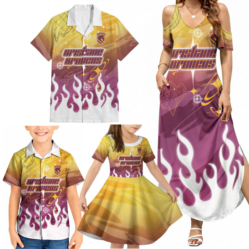 Personalized Brisbane Broncos Family Matching Summer Maxi Dress and Hawaiian Shirt Y2K Grunge Aesthetic With Cyber Flames and Starburst Graphics